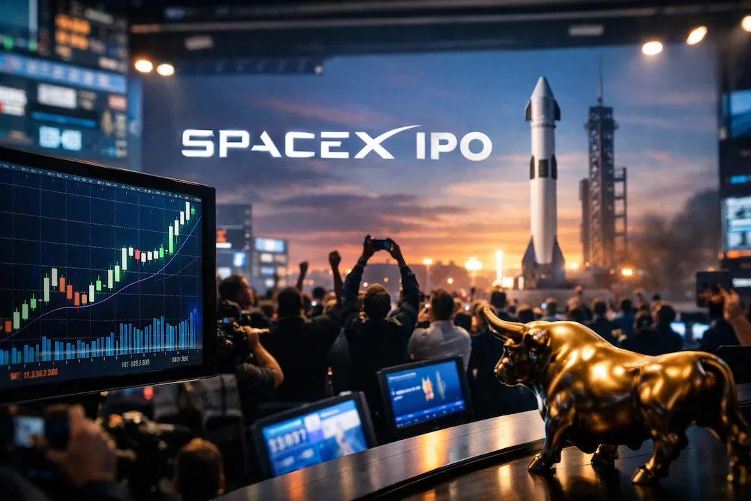 Traders celebrating a SpaceX IPO as a rocket stands on a launch pad at sunset, with a rising stock chart and a golden bull symbolizing market optimism in the foreground.